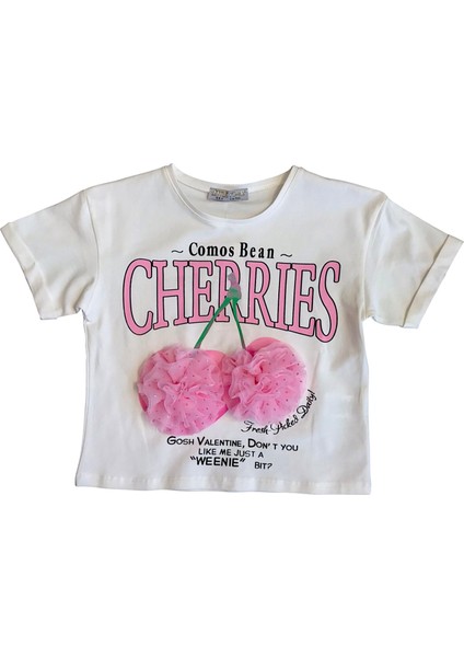 Kız Çocuk Tül Aksesuarlı Kiraz Tshirt