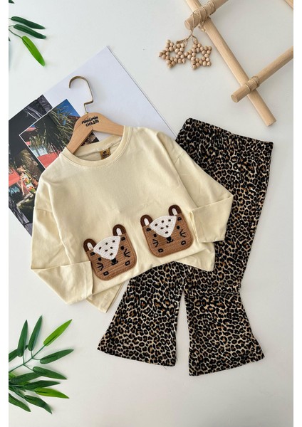 Leopar Desenli Cep Kedicik Örgü Detaylı Kız Çocuk 2 li takım - Bej