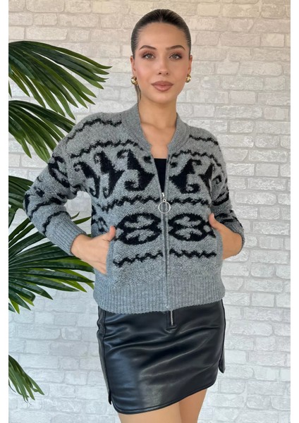 Desenli Fermuarlı Triko Hırka