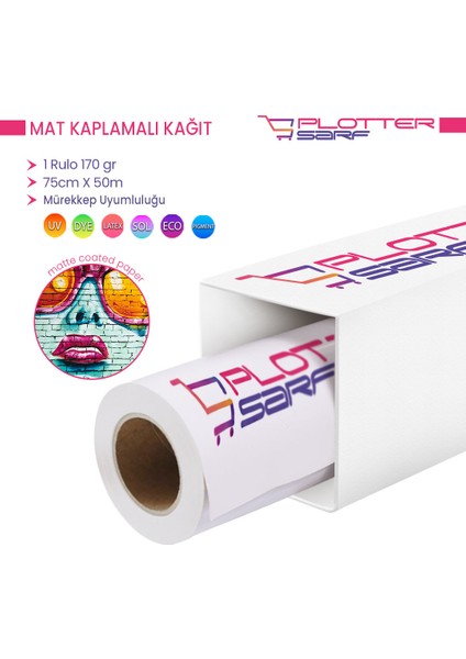 PlotterSarf® Premium Mat Coated Kağıt (Kaplamalı) 170 gr Rulo 75 cm x 50 mt (1 Rulo)