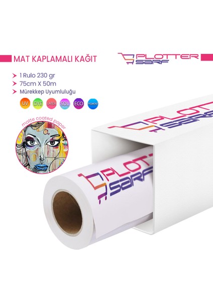 PlotterSarf® Premium Mat Coated Kağıt (Kaplamalı) 230 gr Rulo 75 cm x 50 mt (1 Rulo)