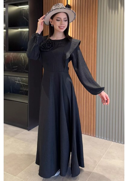 Gül Detaylı Kadın Kloş Elbise