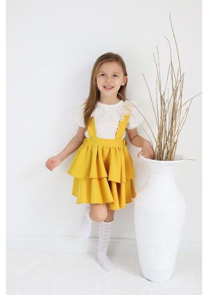 Kız Çocuk Helen Sarı Askılı Kat Kat Bağlama Jile Elbise Dantel Detay Ekru Kısa Kollu Bluz Takım TKM-0181.4