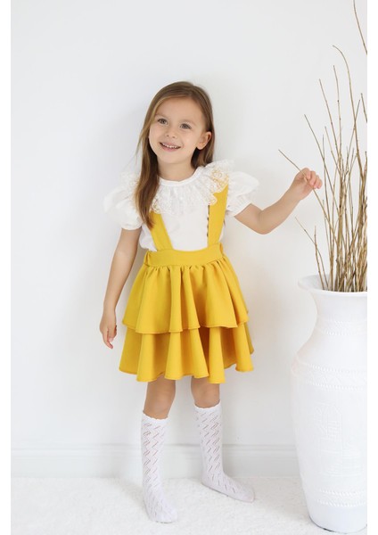Kız Çocuk Helen Sarı Askılı Kat Kat Bağlama Jile Elbise Dantel Detay Ekru Kısa Kollu Bluz Takım TKM-0181.4 fiyatları
