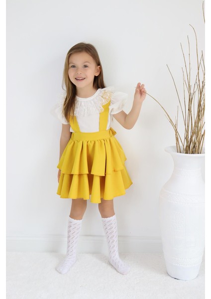 Kız Çocuk Helen Sarı Askılı Kat Kat Bağlama Jile Elbise Dantel Detay Ekru Kısa Kollu Bluz Takım TKM-0181.4 modelleri