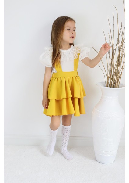 Kız Çocuk Helen Sarı Askılı Kat Kat Bağlama Jile Elbise Dantel Detay Ekru Kısa Kollu Bluz Takım TKM-0181.4 indirimleri
