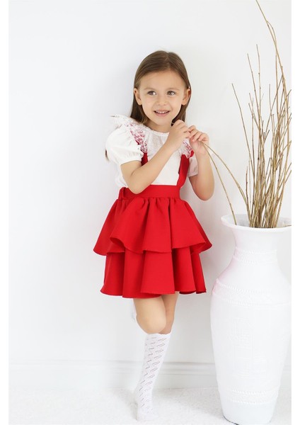 Kız Çocuk Helen Kırmızı Askılı Kat Kat Bağlama Jile Elbise Dantel Detay Ekru Kısa Kollu Bluz Takım TKM-0181.3