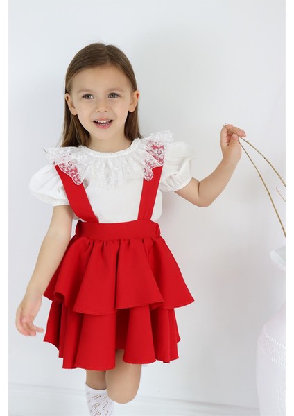 Kız Çocuk Helen Kırmızı Askılı Kat Kat Bağlama Jile Elbise Dantel Detay Ekru Kısa Kollu Bluz Takım TKM-0181.3 fiyatları