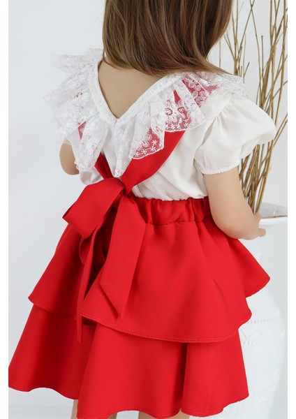 Kız Çocuk Helen Kırmızı Askılı Kat Kat Bağlama Jile Elbise Dantel Detay Ekru Kısa Kollu Bluz Takım TKM-0181.3 modelleri