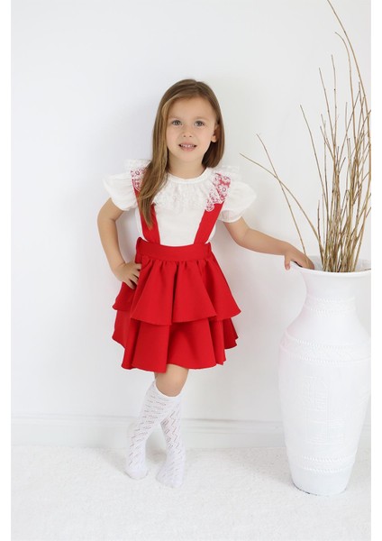Kız Çocuk Helen Kırmızı Askılı Kat Kat Bağlama Jile Elbise Dantel Detay Ekru Kısa Kollu Bluz Takım TKM-0181.3 indirimleri
