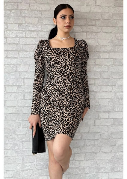 Leopar Desenli Kare Yaka Süet Elbise