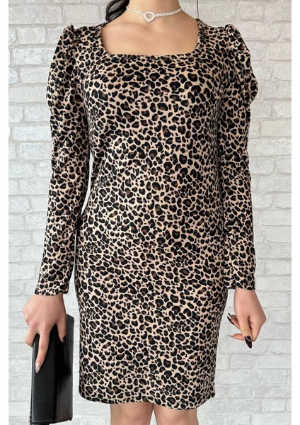 Leopar Desenli Kare Yaka Süet Elbise