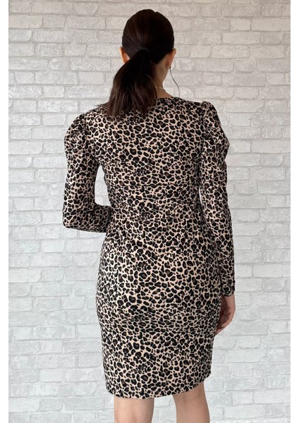 Leopar Desenli Kare Yaka Süet Elbise