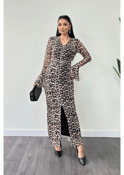 Tül Desenli Kumaş Kolları Volan Detaylı Kalem Elbise - Leopar