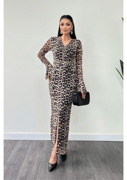 Tül Desenli Kumaş Kolları Volan Detaylı Kalem Elbise - Leopar