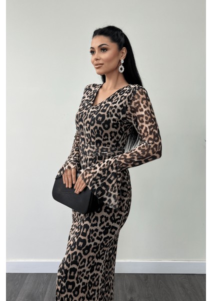 Tül Desenli Kumaş Kolları Volan Detaylı Kalem Elbise - Leopar