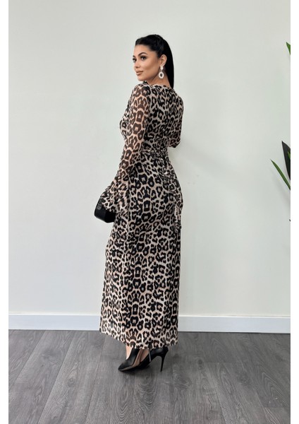 Tül Desenli Kumaş Kolları Volan Detaylı Kalem Elbise - Leopar
