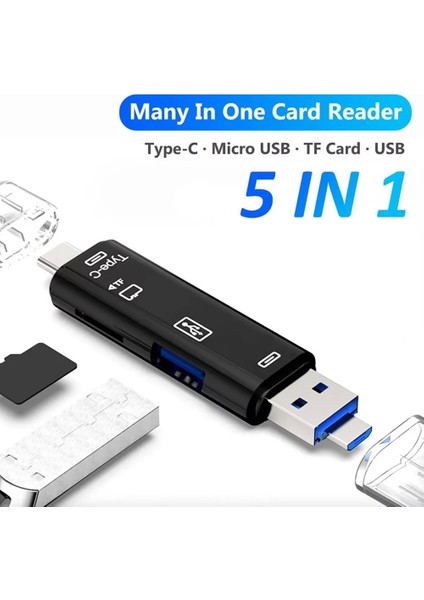 5in1 Otg Kart Okuyucu USB 2.0 - Type-C - Micro USB - Micro Sd/tf Hafıza Kartı Çevirici Adaptör