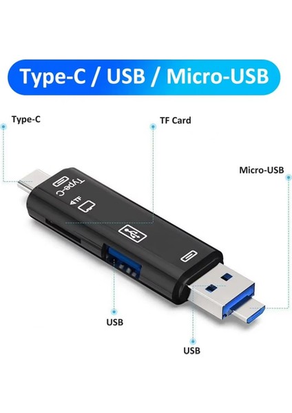 5in1 Otg Kart Okuyucu USB 2.0 - Type-C - Micro USB - Micro Sd/tf Hafıza Kartı Çevirici Adaptör