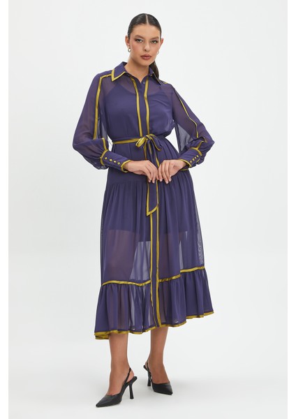 Şifon ve Bağcıklı Midi Boy Elbise - Kontrast Şerit Detaylı - Günlük ve Özel Günlük Şıklık