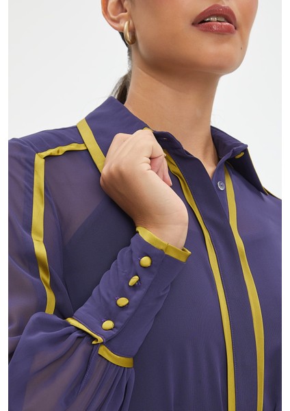 Şifon ve Bağcıklı Midi Boy Elbise - Kontrast Şerit Detaylı - Günlük ve Özel Günlük Şıklık modelleri