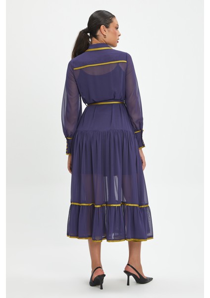 Şifon ve Bağcıklı Midi Boy Elbise - Kontrast Şerit Detaylı - Günlük ve Özel Günlük Şıklık fırsatları