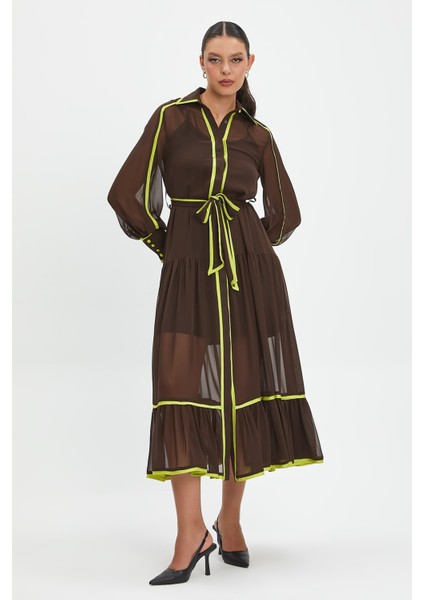 Şifon ve Bağcıklı Midi Boy Elbise - Kontrast Şerit Detaylı - Günlük ve Özel Günlük Şıklık