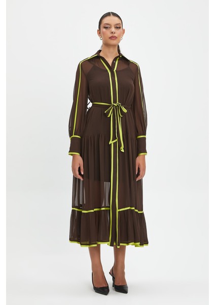 Şifon ve Bağcıklı Midi Boy Elbise - Kontrast Şerit Detaylı - Günlük ve Özel Günlük Şıklık fiyatları