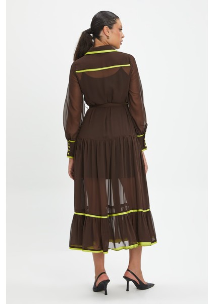 Şifon ve Bağcıklı Midi Boy Elbise - Kontrast Şerit Detaylı - Günlük ve Özel Günlük Şıklık fırsatları