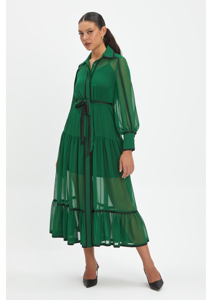 Şifon ve Bağcıklı Midi Boy Elbise - Kontrast Şerit Detaylı - Günlük ve Özel Günlük Şıklık