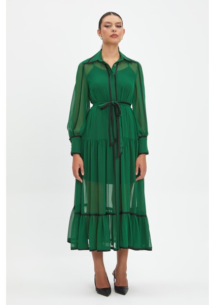 Şifon ve Bağcıklı Midi Boy Elbise - Kontrast Şerit Detaylı - Günlük ve Özel Günlük Şıklık fiyatları