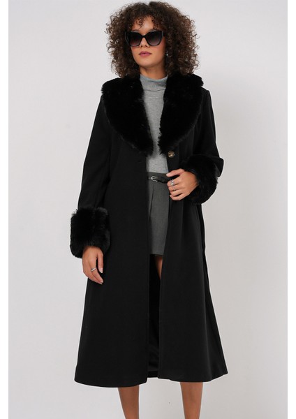 9149 Kürk Detay Uzun Kaban - Siyah