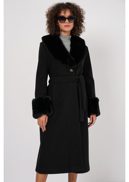 9149 Kürk Detay Uzun Kaban - Siyah modelleri