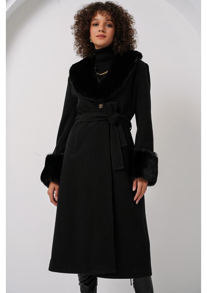 9149 Kürk Detay Uzun Kaban - Siyah fırsatları