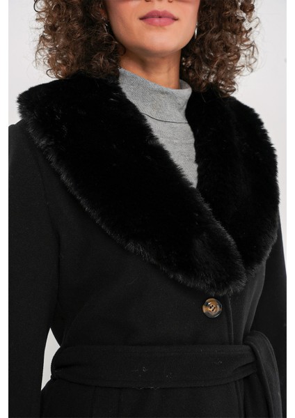 9149 Kürk Detay Uzun Kaban - Siyah indirimleri