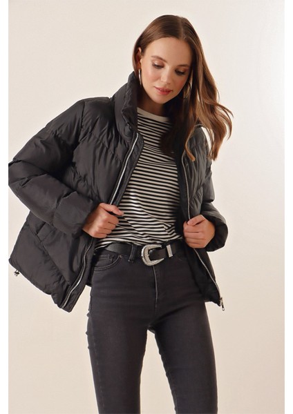 5205 Dik Yaka Fermuarlı Şişme Mont - Siyah fırsatları