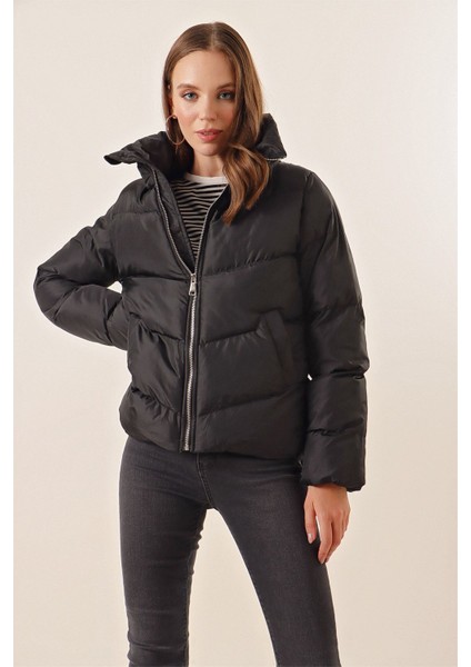 5205 Dik Yaka Fermuarlı Şişme Mont - Siyah indirimleri