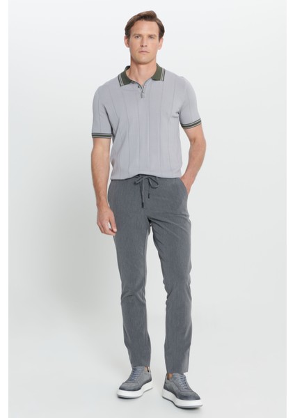 Slim Fit Dar Kesim Yan Cepli Desenli Beli Lastikli Pantolon