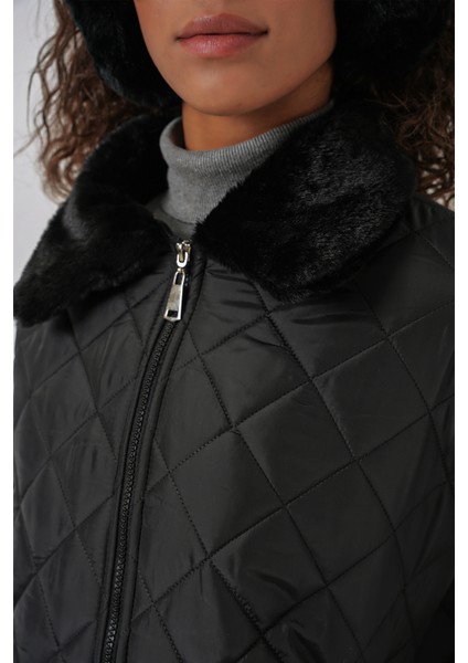 5202 Peluş Detaylı Kapitone Mont - Siyah indirimleri