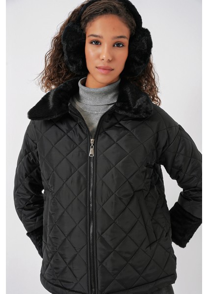 5202 Peluş Detaylı Kapitone Mont - Siyah modelleri