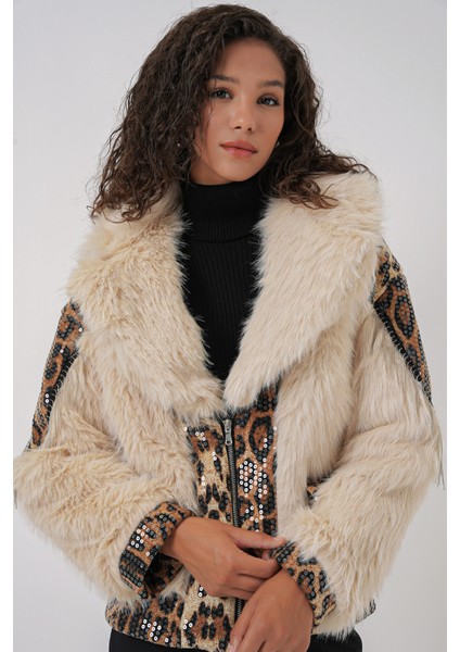 5209 Peluş Kürk Mont - Krem