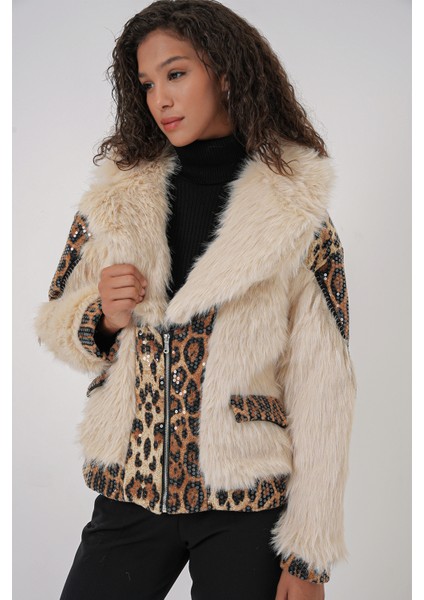 5209 Peluş Kürk Mont - Krem modelleri