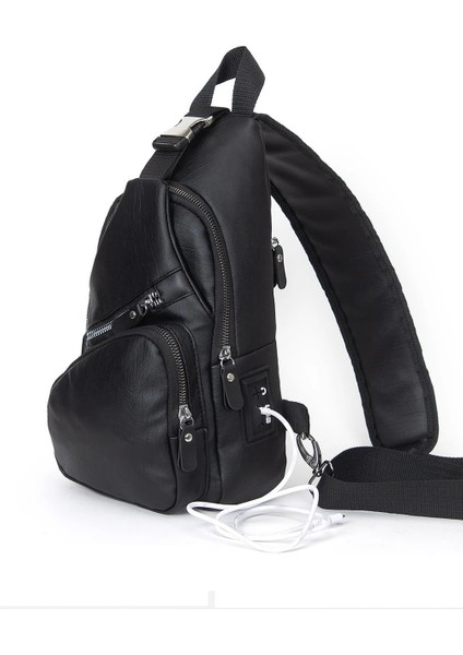Unisex Siyah Yıkama Deri Usb Ve Kulaklık Çıkışlı Çapraz Göğüs Bel Ve Omuz Çantası tul037