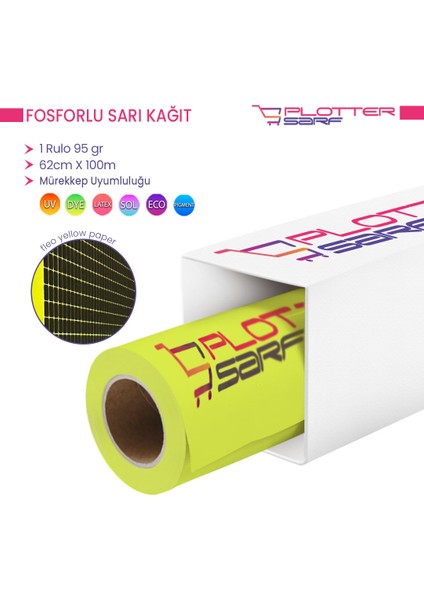 PlotterSarf® Flo Fosforlu Sarı (Floresan) Kağıt Rulo 95 gr 62 cm x 100 mt (1 Rulo)