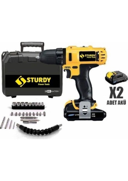 32V 5AH Lıon Çift Akülü Darbeli Turbo Şarjlı Matkap 27 Parça Uç Setli