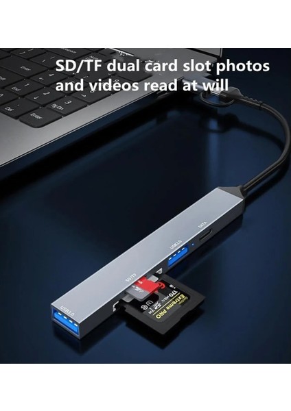 Type-C/usb Multi Girişli Kart Okuyucu Çevirici Sd/tf - 1xusb 3.0 - 1xusb 2.0 - 5gbps Veri Aktarımı