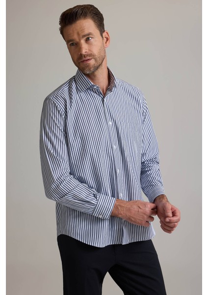 Erkek Lacivert Beyaz Regular Fit Çizgili Pamuklu Gömlek modelleri