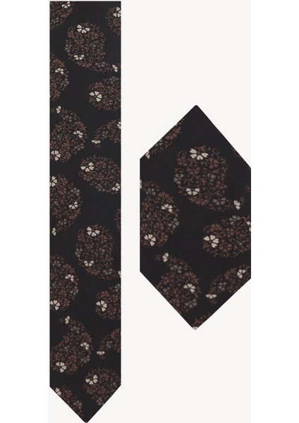 Erkek Siyah Bej Desenli Kravat Mendil Set
