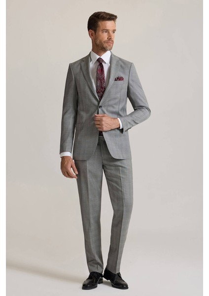 Erkek Gri Regular Fit Mono Yaka Kareli %100 Yün Takım Elbise