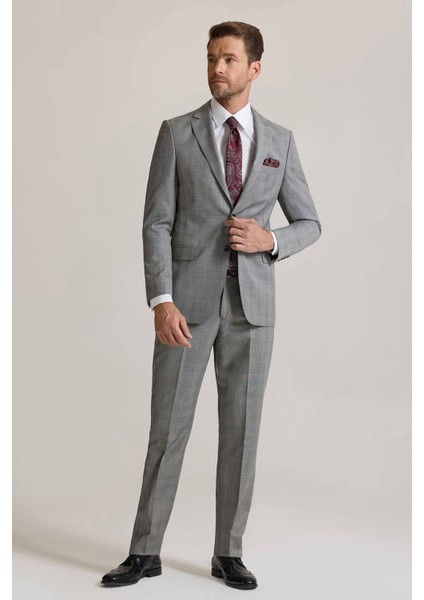 Erkek Gri Regular Fit Mono Yaka Kareli %100 Yün Takım Elbise modelleri